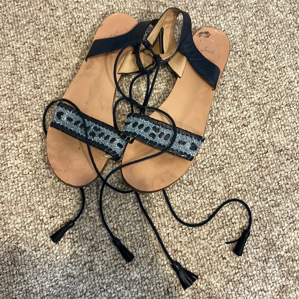 Jack Rogers leather navy blue and tan sandals with leather fringe straps